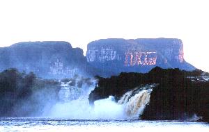 The Hacha Falls of Canaima at dawn, with Kusari Tepuy behind... cocktail anyone?